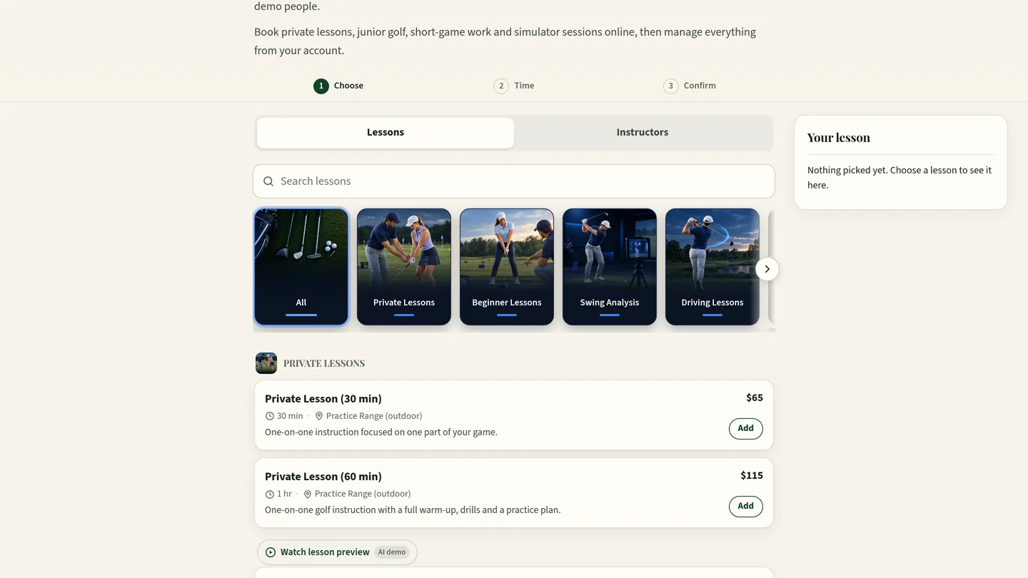 The birdieOS booking page for Fairway Lab Golf Studio, a fictional demo studio, with photo cards for private lessons, beginner lessons, swing analysis and driving lessons, and lesson prices