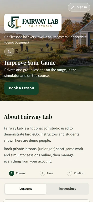 The birdieOS booking page for a fictional golf studio on a phone
