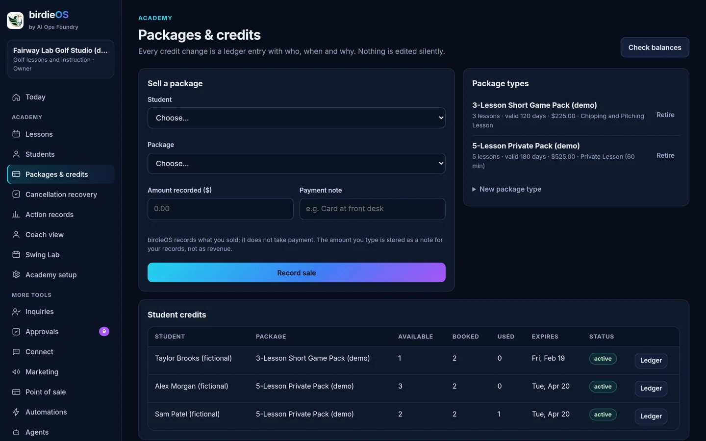 birdieOS Packages and credits: sell a lesson package, package types and each student's available, booked and used credits