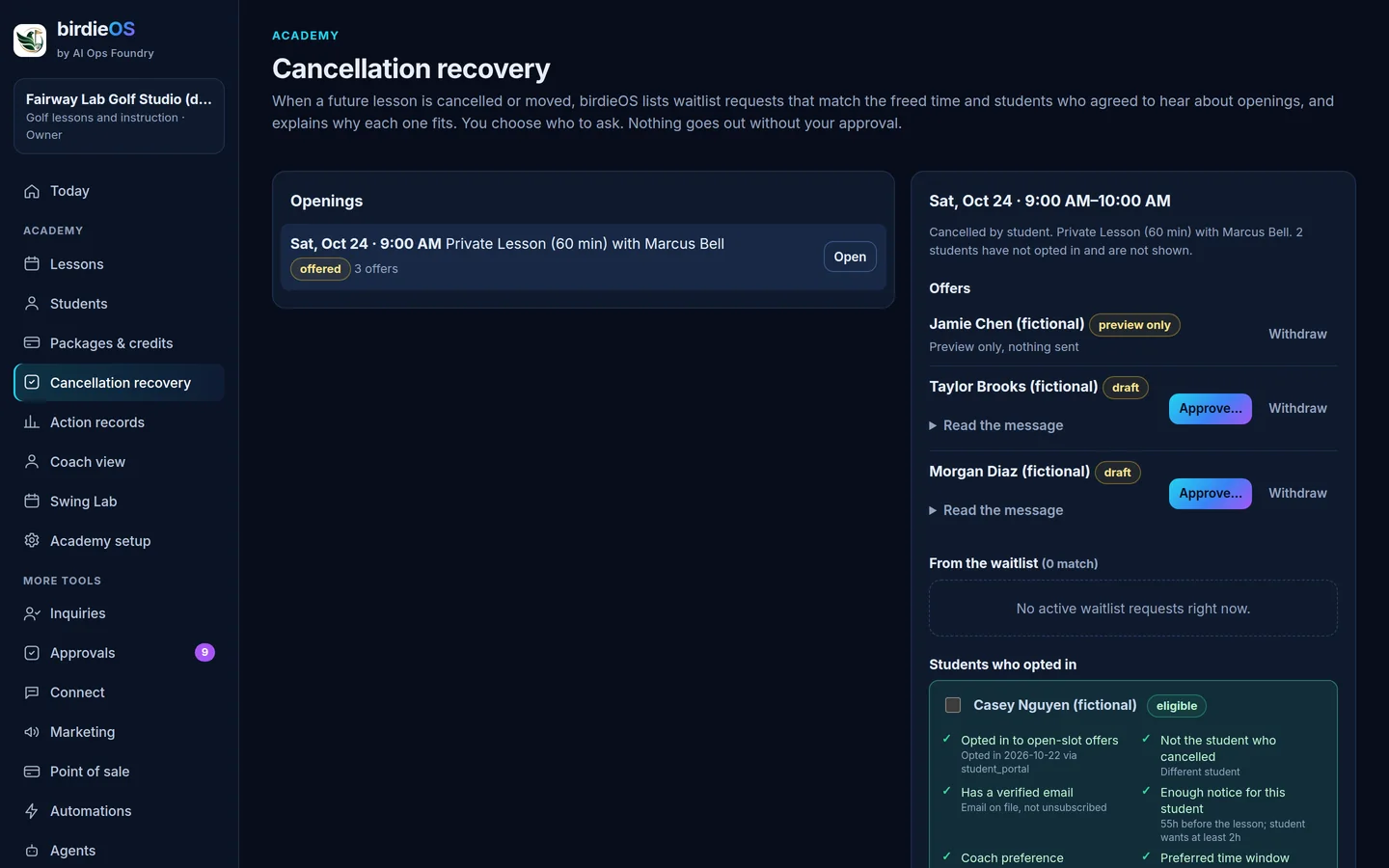 birdieOS Cancellation recovery: a cancelled Saturday lesson with drafted offers for students who opted in, each waiting for approval