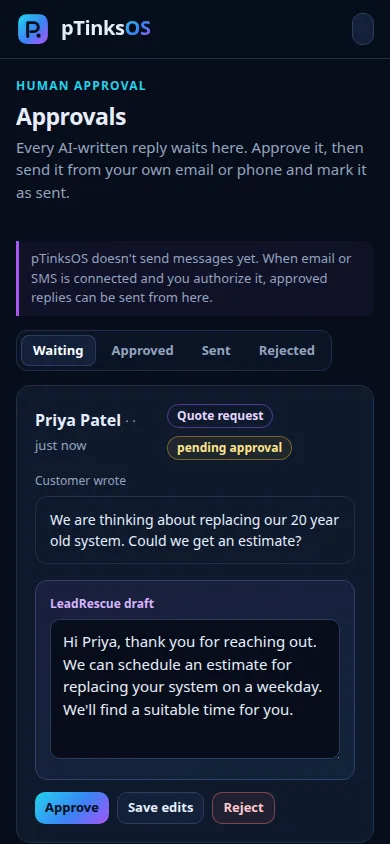 pTinksOS Approvals on a phone showing a customer question and the LeadRescue draft