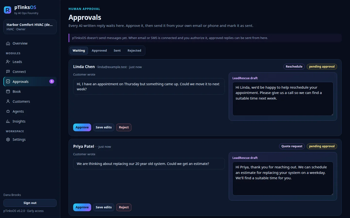 pTinksOS Approvals screen with two customer messages, each with a LeadRescue draft reply and Approve, Save edits and Reject buttons