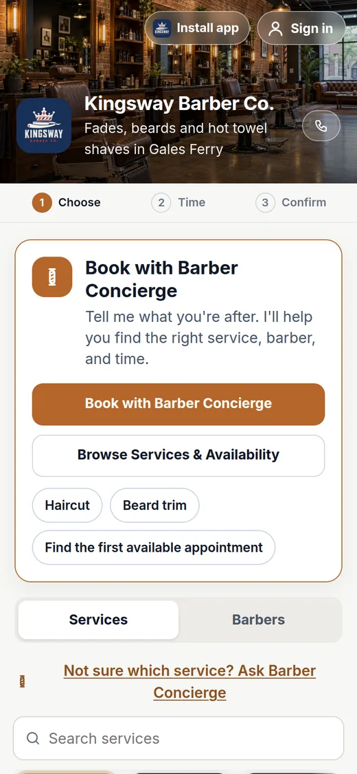 Kingsway Barber Co. booking page on a phone with Barber Concierge, services and barbers