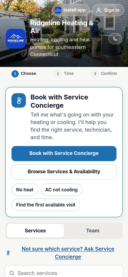Ridgeline Heating & Air booking page on a phone with Service Concierge and quick picks for no heat and AC not cooling