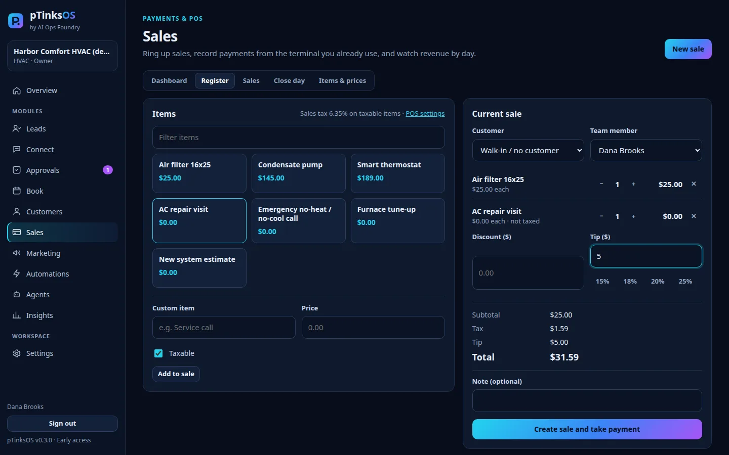 pTinksOS register with service and product buttons, a current sale with two items, tip, tax and total