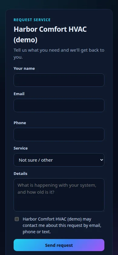 A business's pTinksOS request form on a phone with name, email, phone, service, details and a consent checkbox